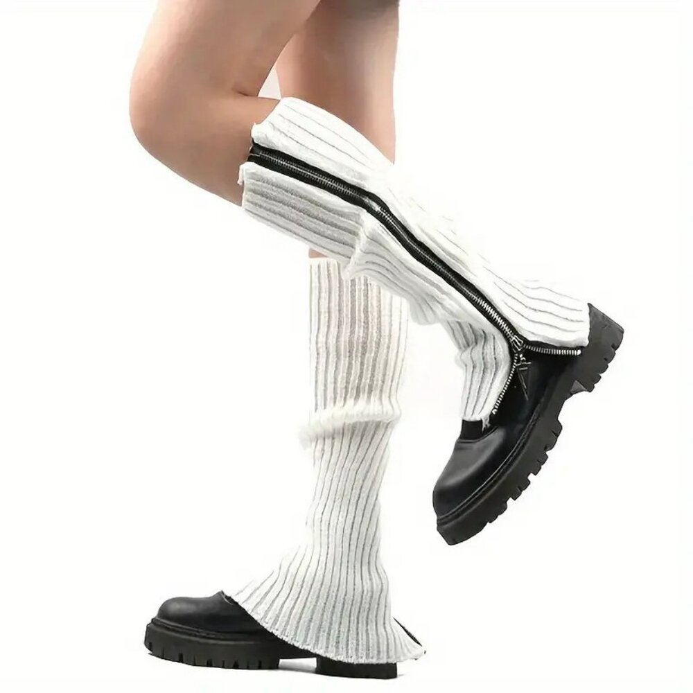 NEW Zippered White Rib Knit Leg Warmers